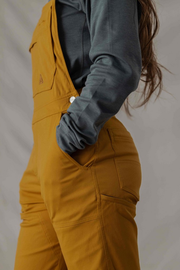 Photo of front hand pocket on Ecotrek overalls in Caramel