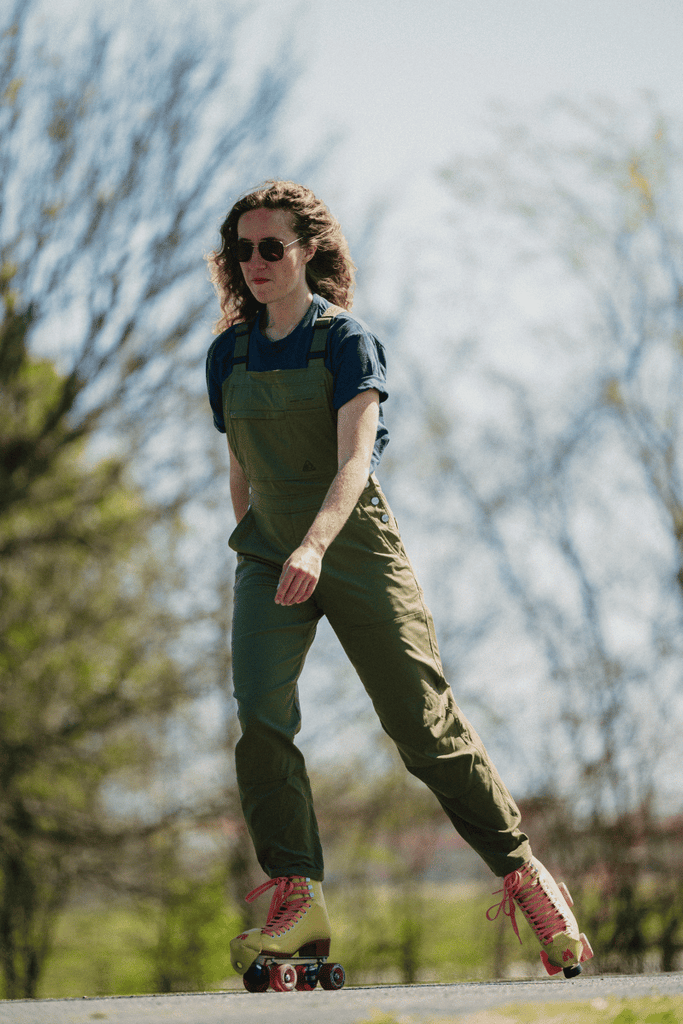Rollerskating in Ecotrek overalls in Olive