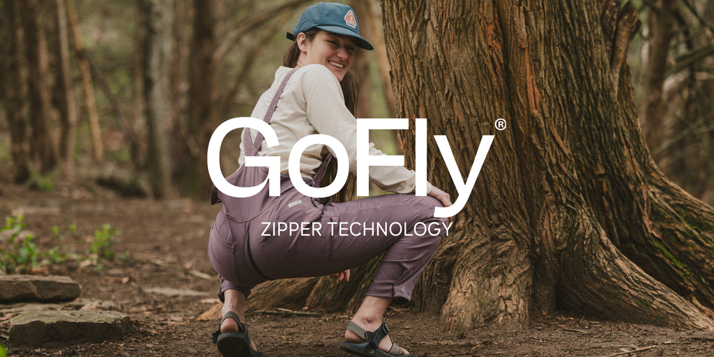 Photo of person squatting that highlights Gnara's Patented GoFly Zipper technology.