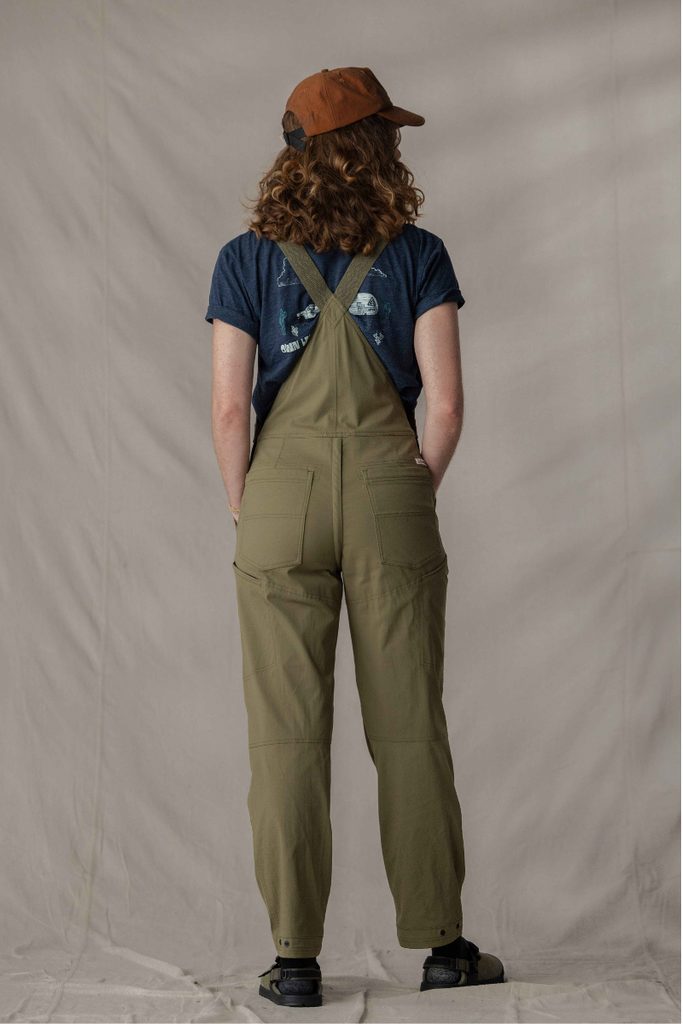 Backside of Ecotrek overalls in Olive