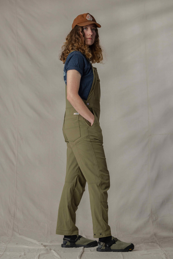 Side profile of Ecotrek overalls in Olive