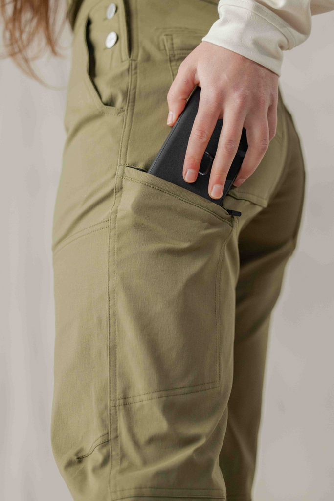Photo of back pocket on Ecotrek overalls in Olive