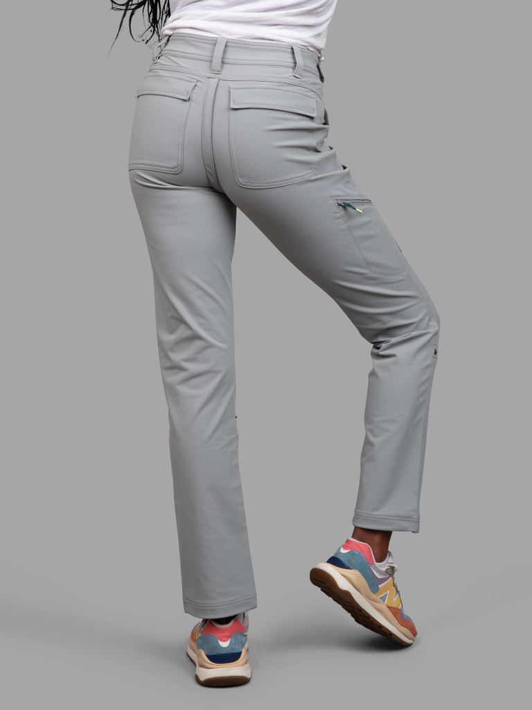 Photo of the backside of the Gnara Go There Pants in Ash with the GoFly zipper covered.